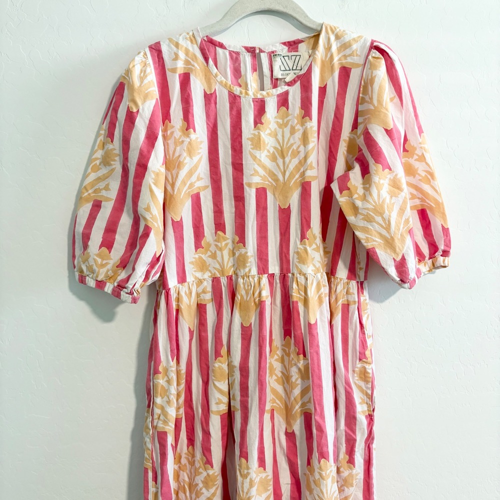 SZ Blockprints Gaia Tiered‎ Midi Dress Pink White Striped Floral Cotton Medium - Picture 3 of 9